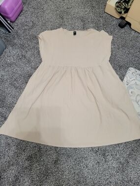 Womens Linen Color Cream Short-Sleeve Cotton Mini Babydoll Dress